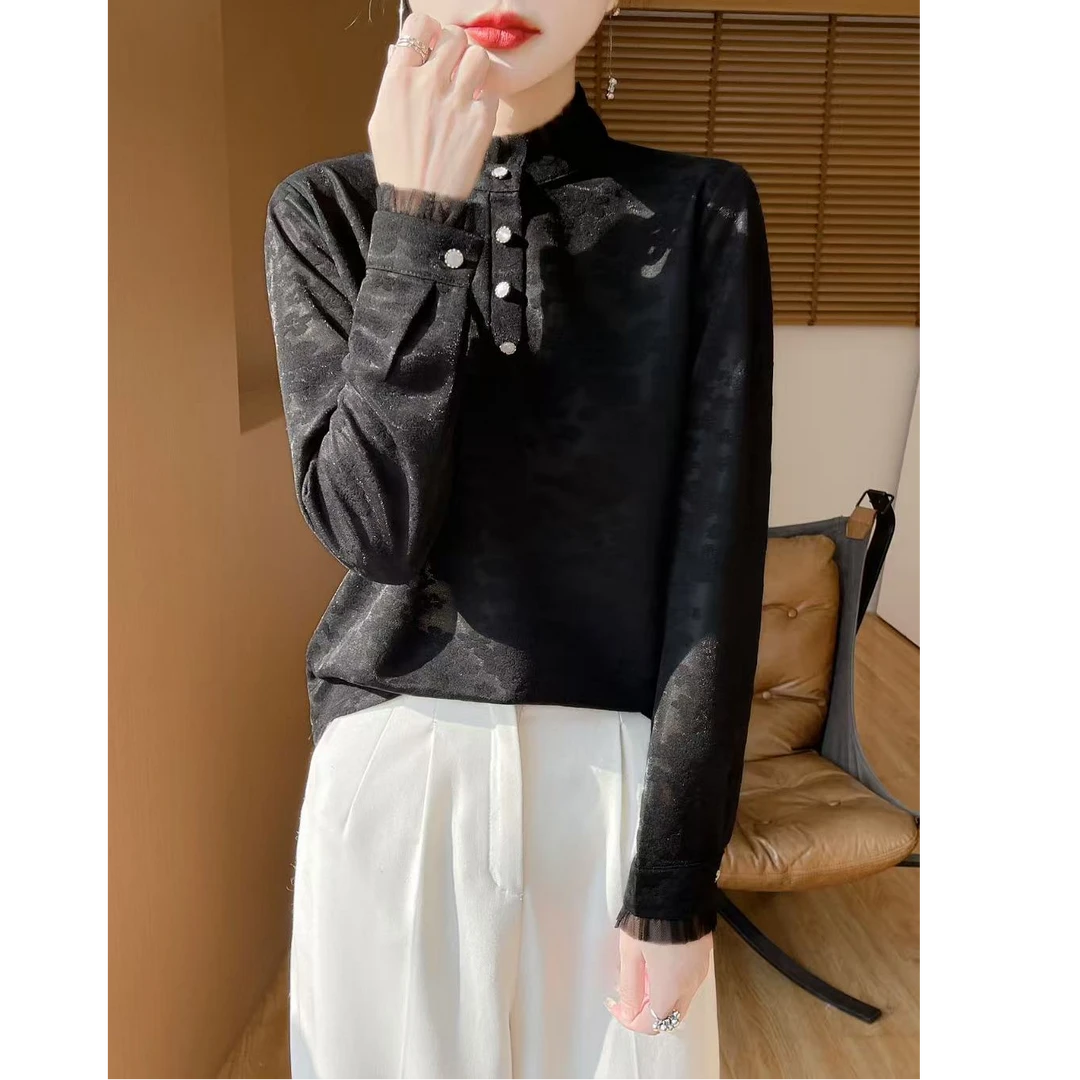 半高领蕾丝打底衫女秋冬季新款时尚洋气高级感内搭针织衫上衣