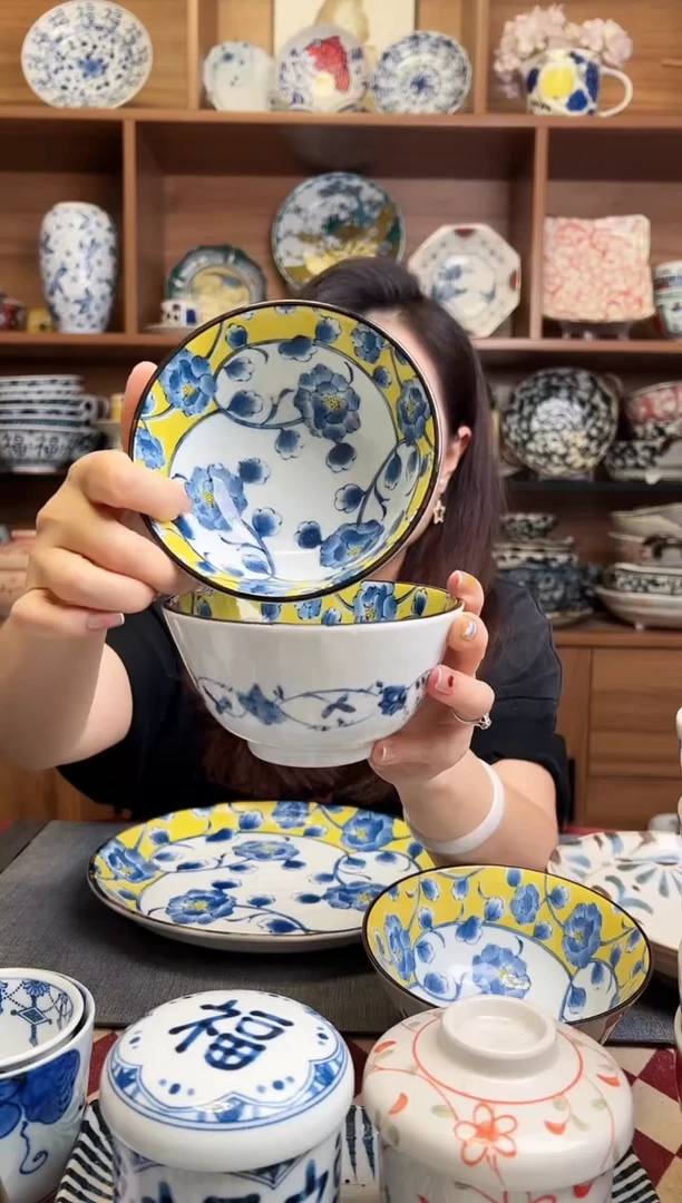 瓷片【微瑕】有古窑黄彩牡丹12cm中饭碗