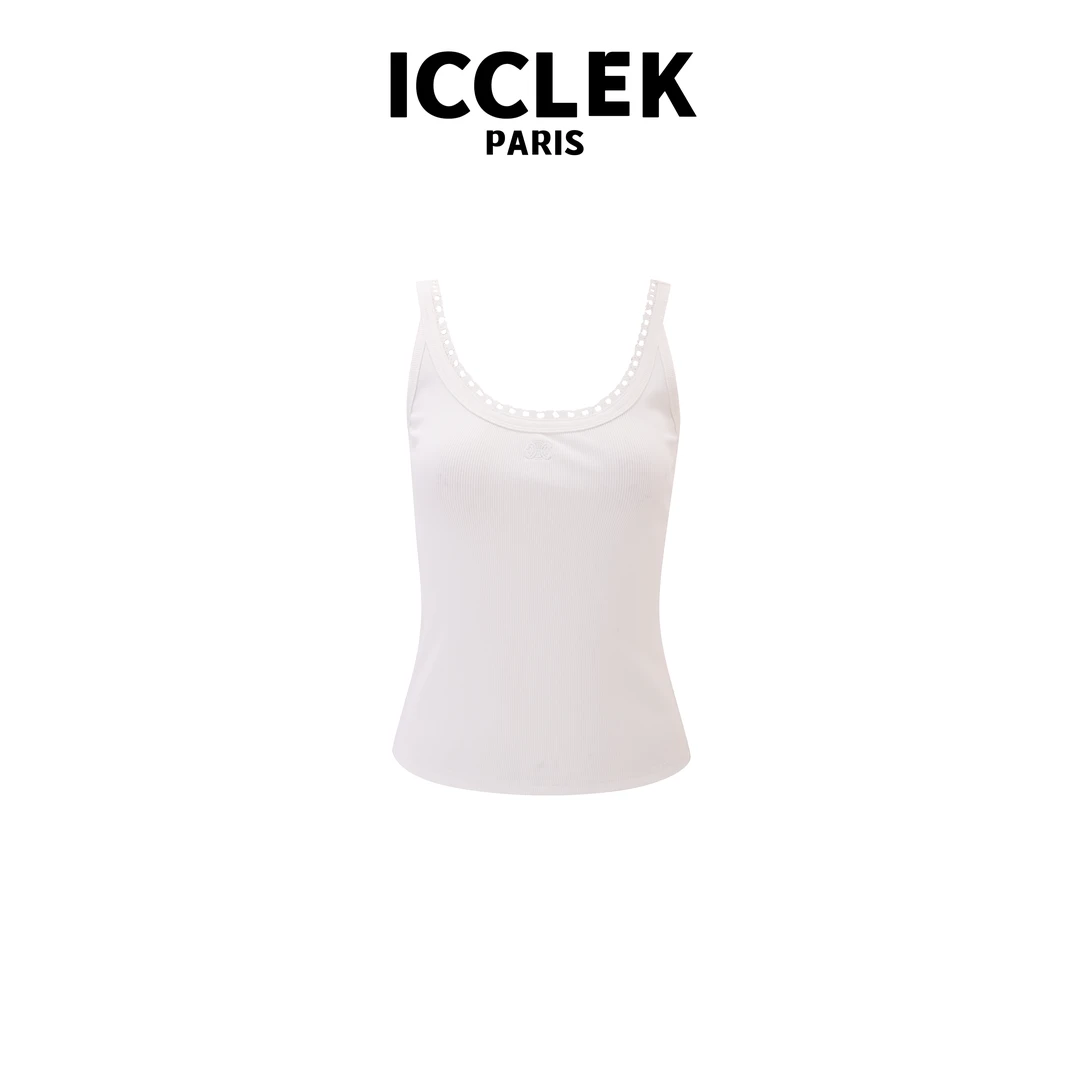 ICCLEK 蕾丝镂空圆领花边美背吊带针织夏季简约百搭上衣气质-7084