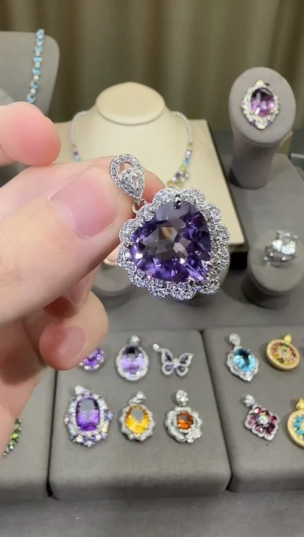 颈饰银S925镶嵌紫晶14mm吊坠海洋之心设计款