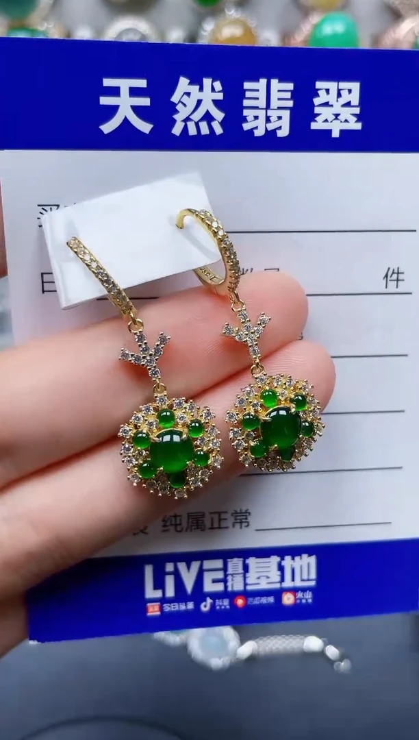 银S925镶嵌翡翠耳饰373