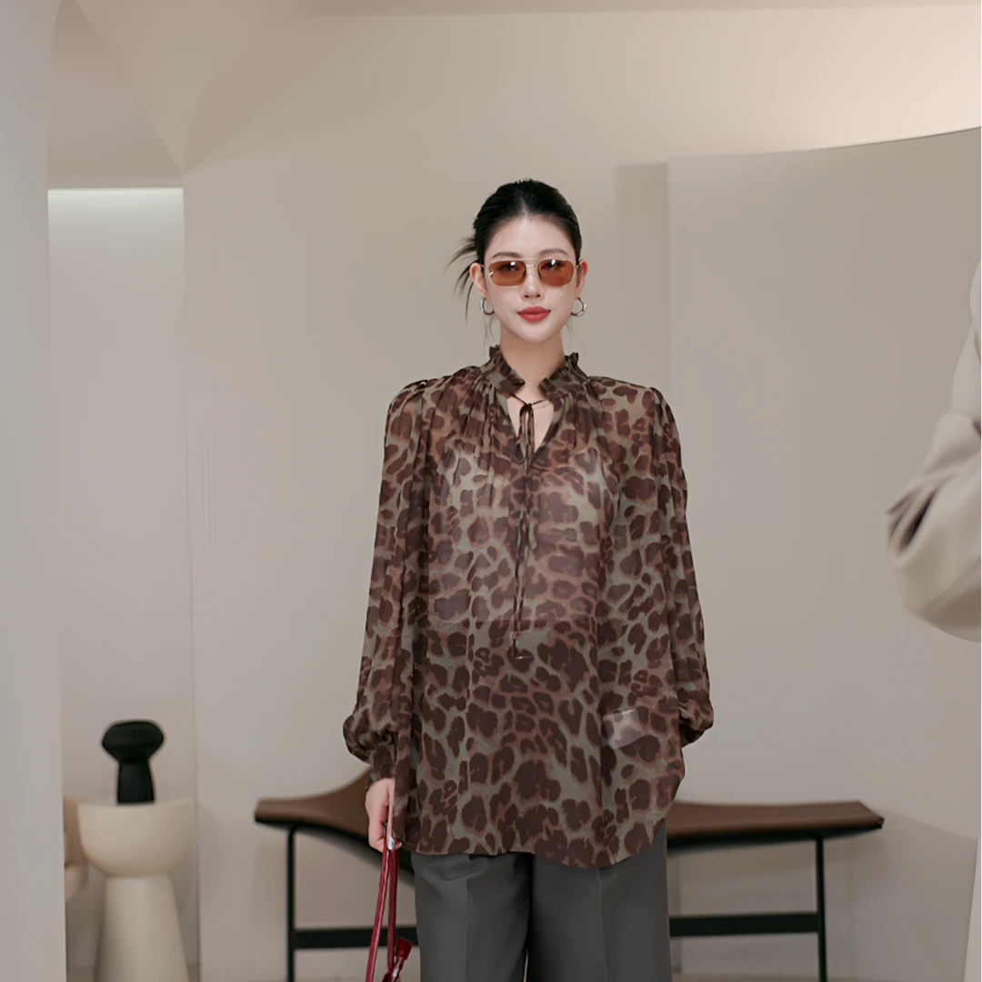 LYNEE X TORIL【游牧】系带荷叶边花式上衣豹纹衬衫TGD2FAW011