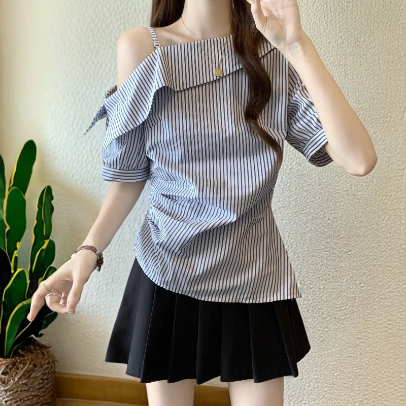 上衣不规则一字蓝色夏季胖mm条纹衬衫女斜领短袖大码收腰露肩
