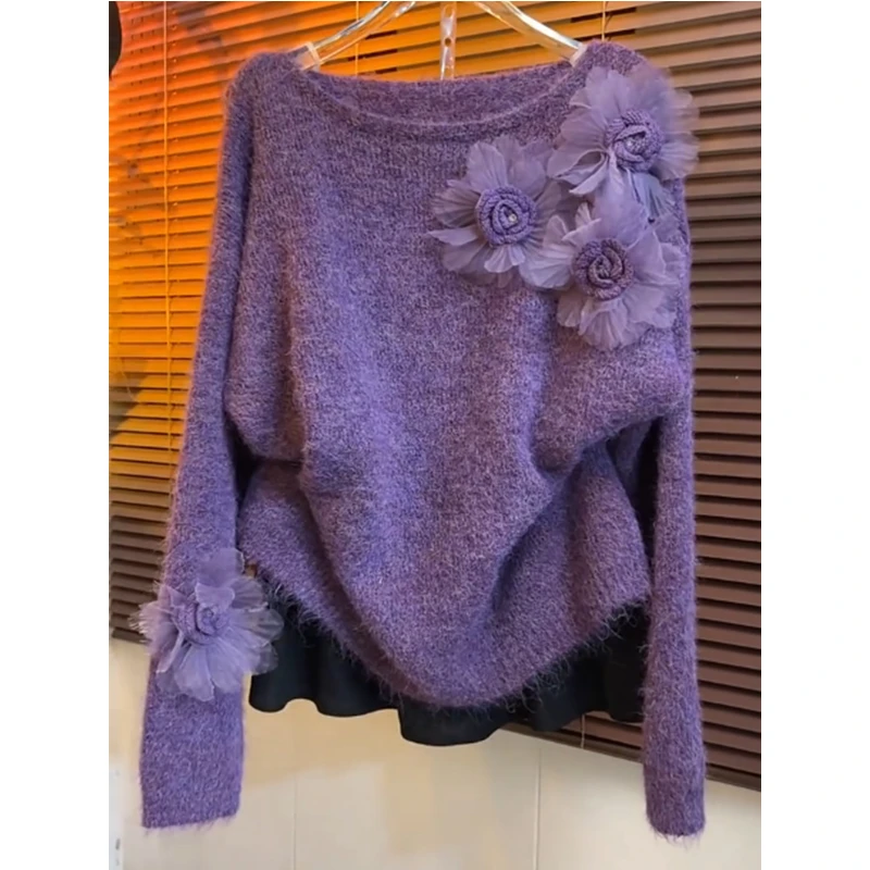 韩系立体花朵紫色毛衣女冬2025新款慵懒风小众显瘦长袖圆领针织衫