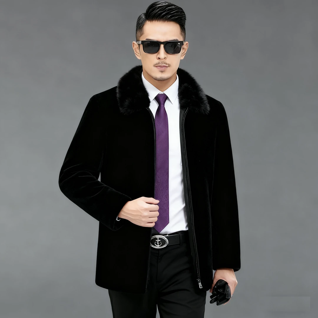 翻领貂绒外套男夹克男士仿皮草大衣短款修身冬季加厚保暖皮毛一体