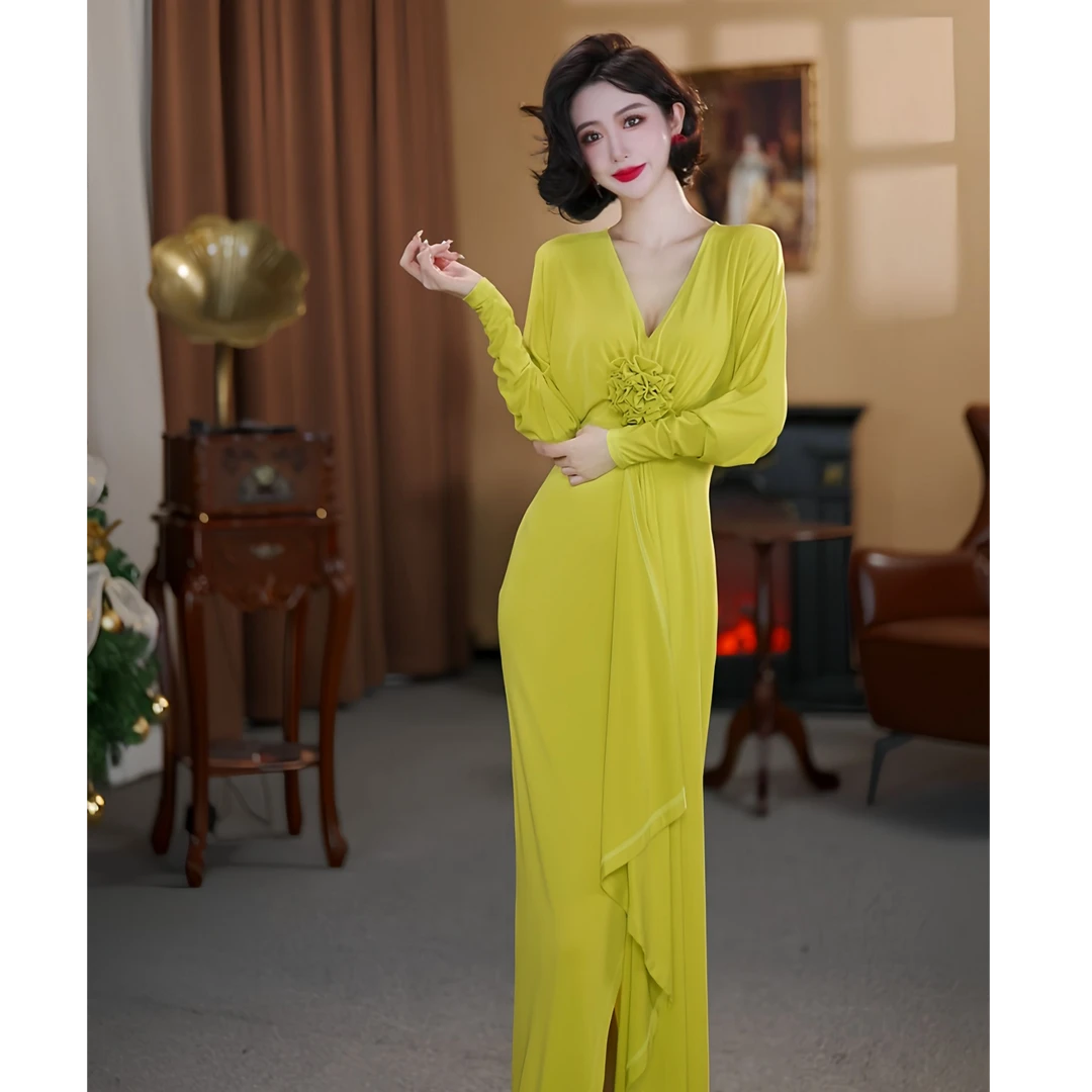 【大晶定制】“海岛假日”新款气质V领柠檬黄褶皱修身连衣裙-DJ10138
