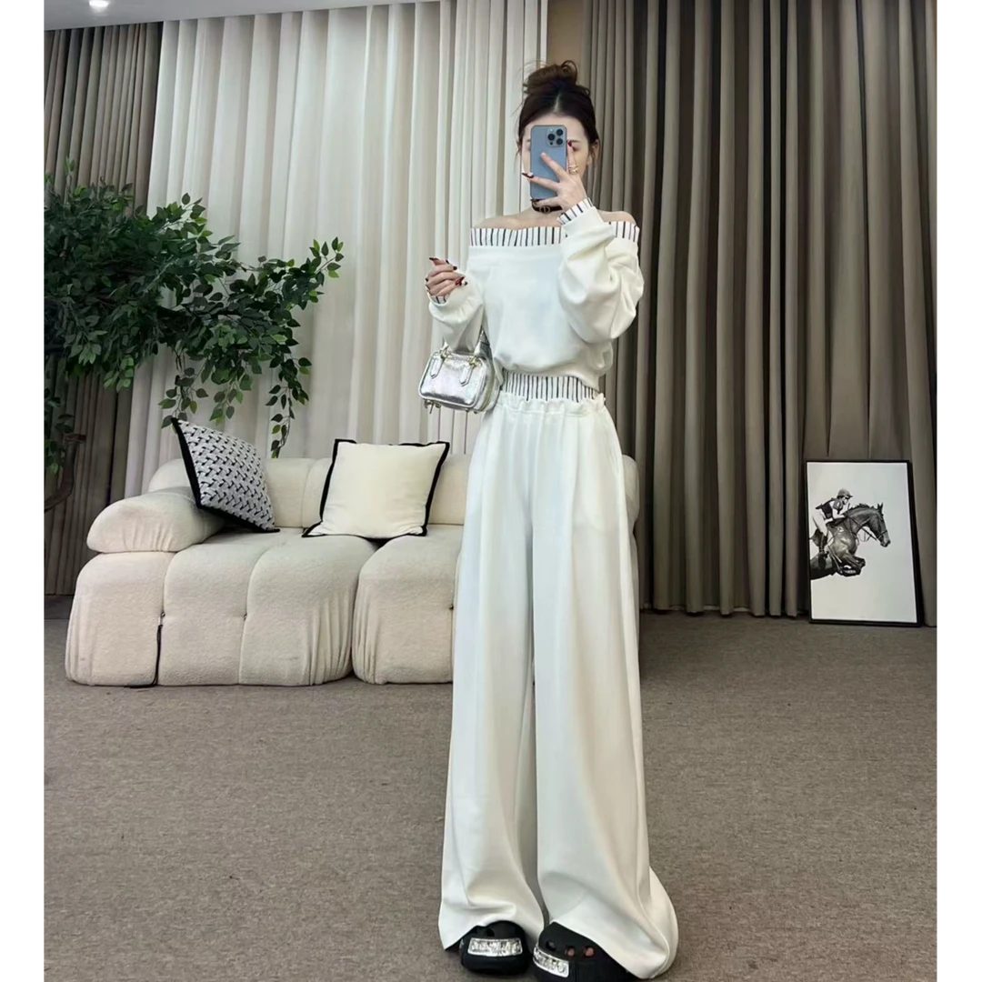 一字肩条纹拼接套装休闲套装显瘦收腰设计师秋季宽松轻奢高腰气质