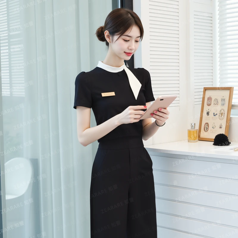 美容院工作服女夏季黑色餐饮美容师美发采耳美甲前台售楼金店套装