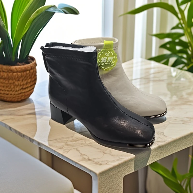 卓怡欧美中跟方头冬短靴时尚女靴跟鞋冬季女士靴子方头高跟百搭