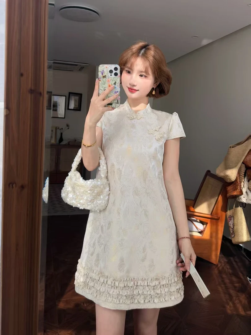 -声声慢-夏季法式金粉雏菊提花优雅甜美新中式连衣裙女小众高级感