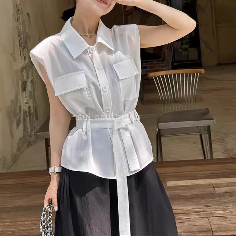 2025新款夏季高级感法式气质女Polo领无袖衬衫