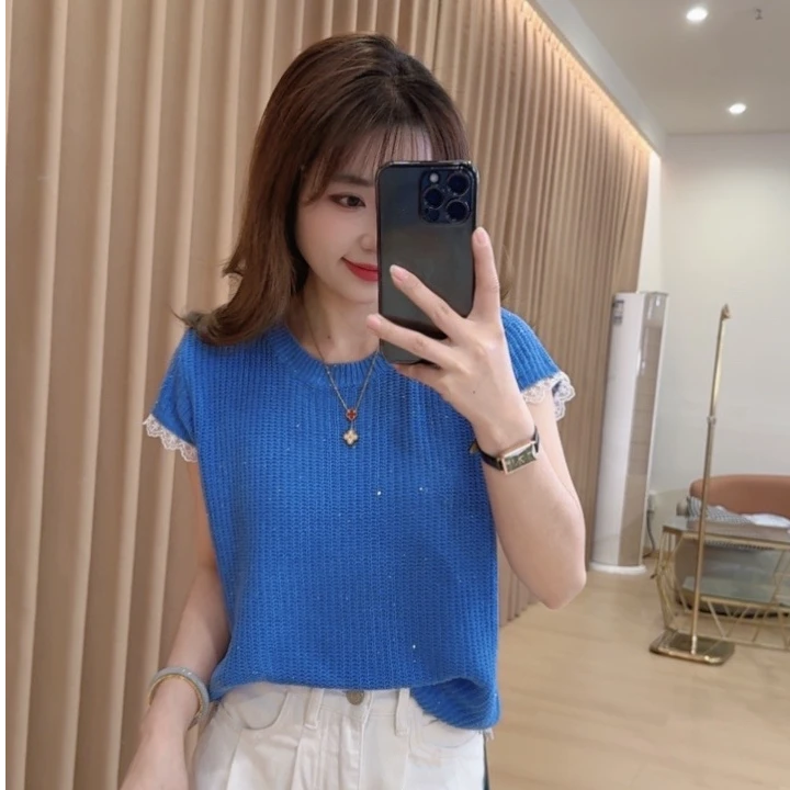 奈奈妮【美颜T】纯色针织t恤蕾丝拼接短袖圆领上衣气质时尚25-0325