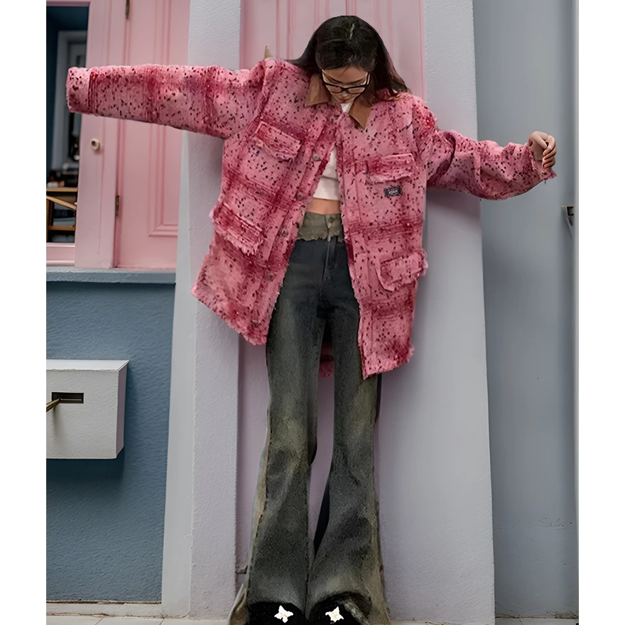 CaKm新粉色小香风外套男女春秋高级感加厚情侣新年毛呢上衣KAW099