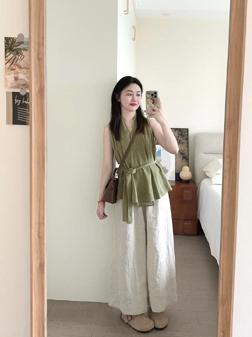2025夏季新款大方得体穿搭一整套绿色无袖衬衫休闲裤显瘦两件套女