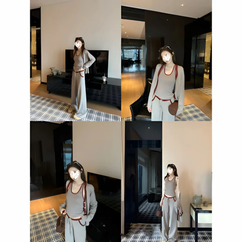 韩系穿搭长袖针织开衫简约背心百搭高腰显瘦阔腿长裤三件套装D646