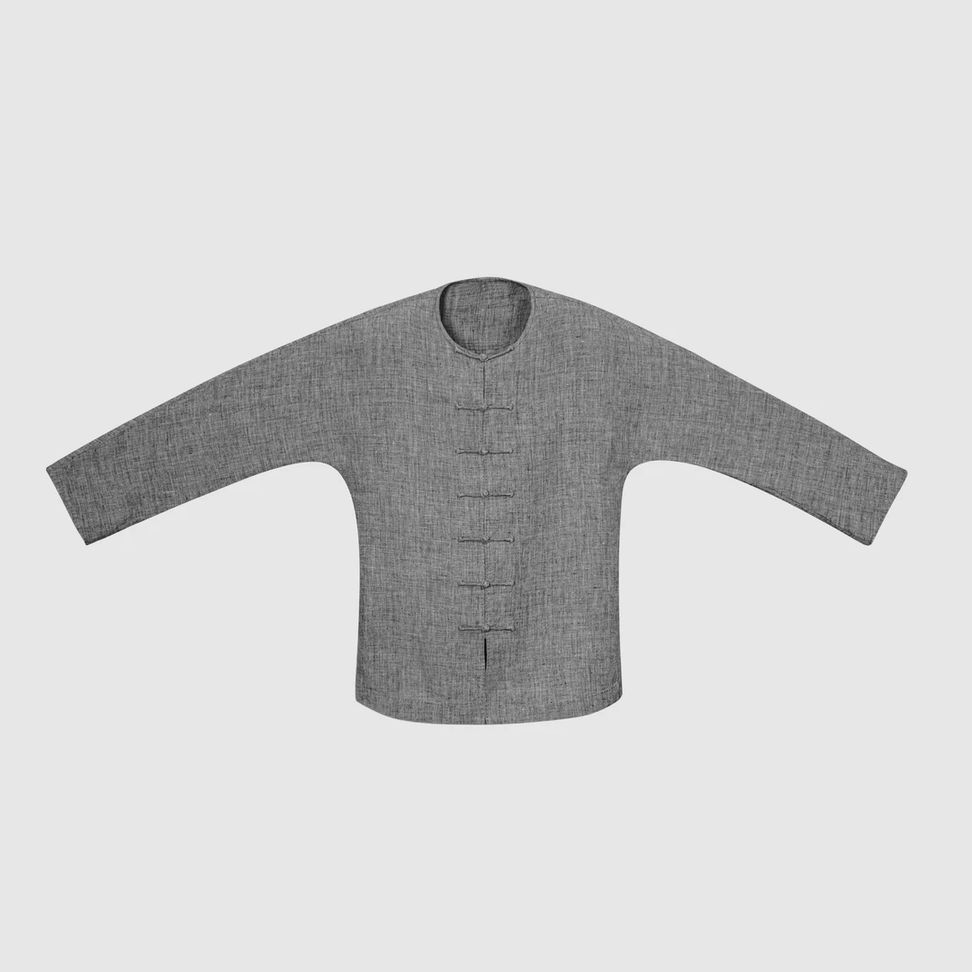 CIHANGBUYI/慈航布衣传统手工盘扣灰色亚麻圆领衬衫上衣长袖复古