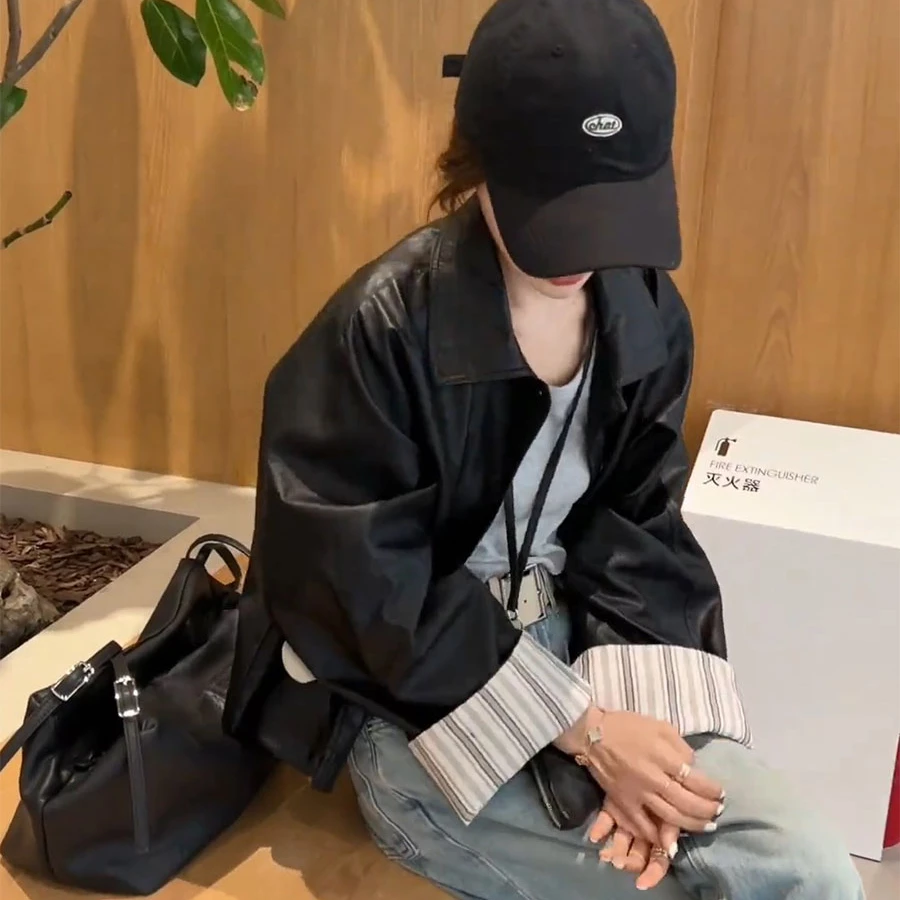 欧洲站设计感2025袖口撞色拼接翻领皮衣外套女春季新款夹克上衣潮