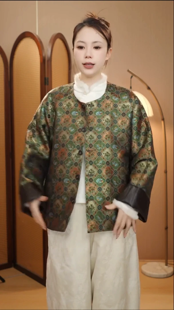 绿唐锦双面穿皮衣