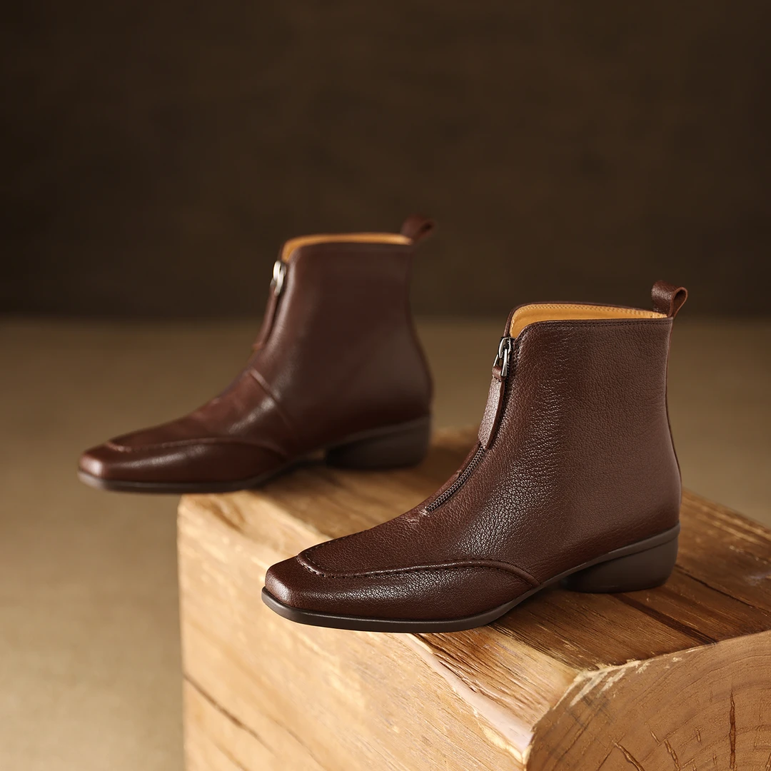 T 塔粗跟英伦风方头女前拉链粗跟靴短靴棕色时尚中跟胶粘