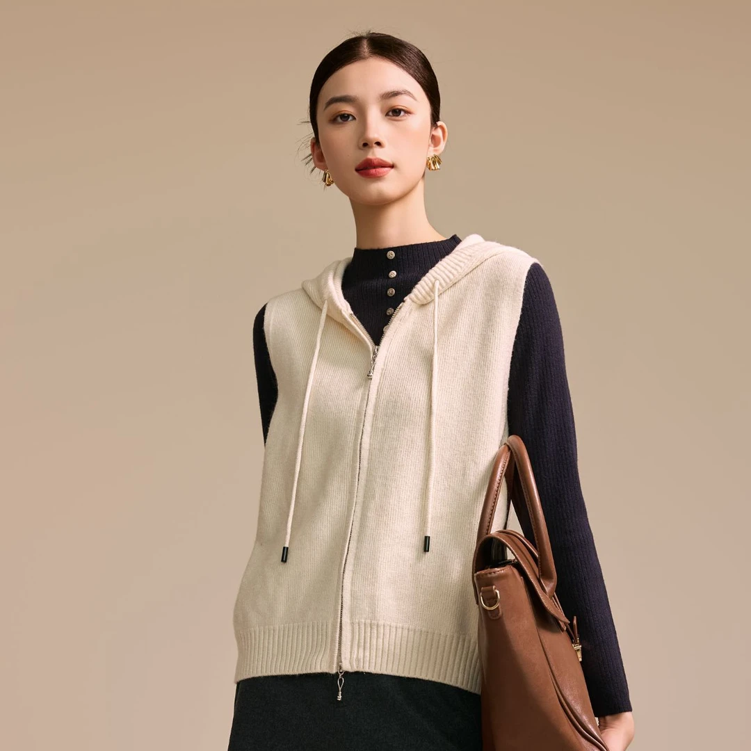 连帽针织马甲25年新品通勤百搭连帽拉链针织背心279