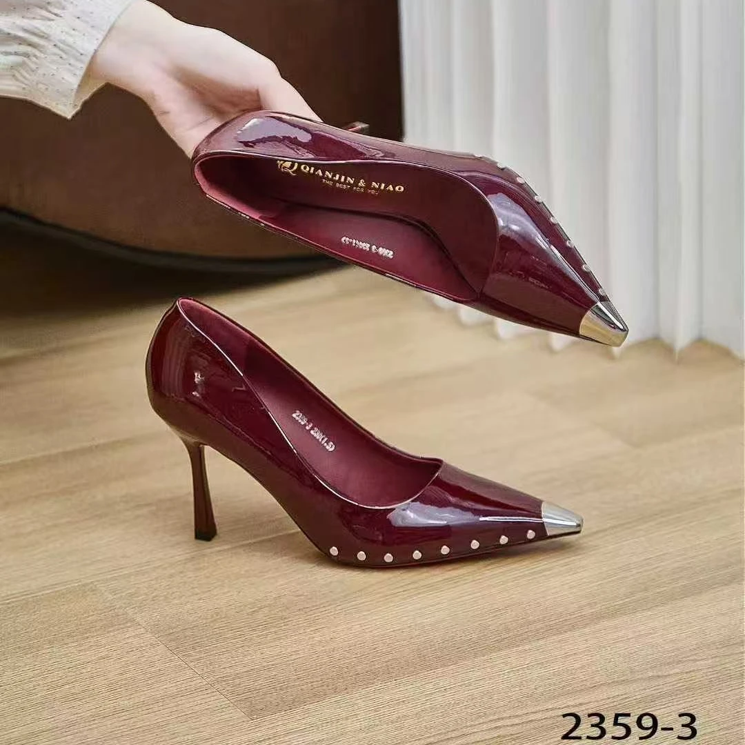 钎金鸟2359-3金属防踢头酒红色高跟鞋新款气质舒适时尚单鞋7.5cm