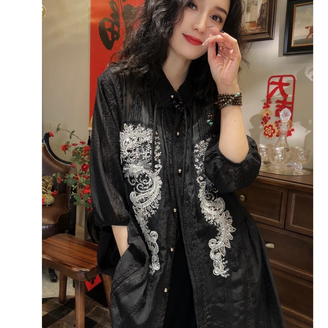 LMXPPJ【粼绣】夏季气质女衬衫设计感重工刺绣钉珠亮片衬衣MX256