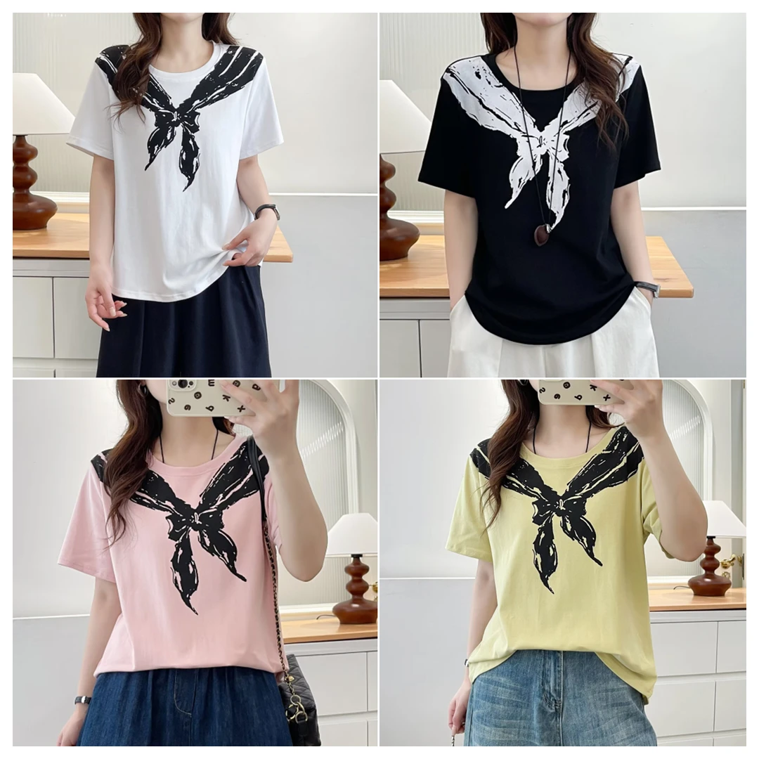 大码女装夏季蝴蝶结印花短袖T恤胖mm休闲宽松显瘦洋气减龄上衣