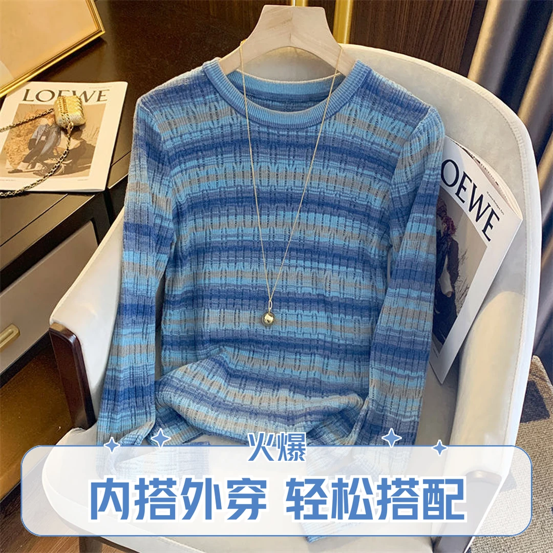 韩版早秋镂空条纹软糯毛衣女秋季温柔复古设计感小众慵懒风针织衫