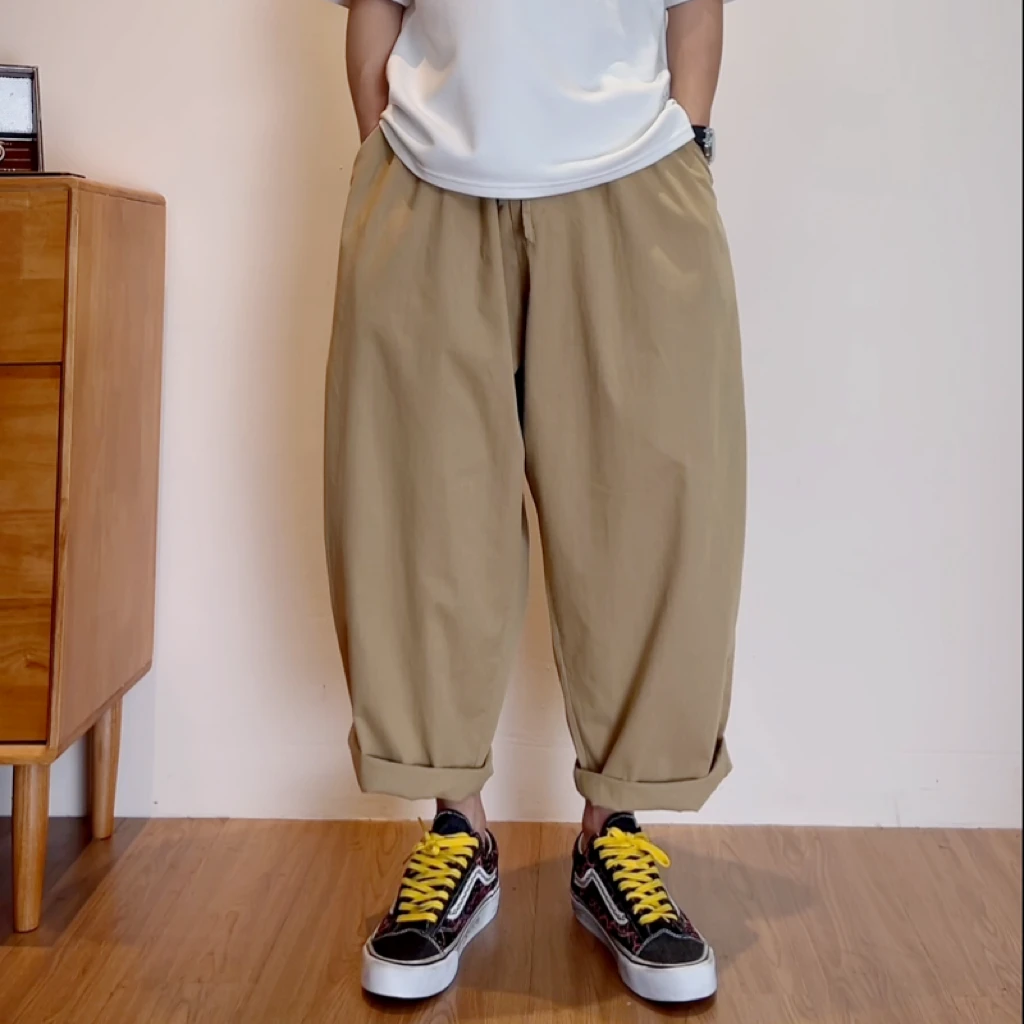 夏季薄款透气日系阔版九分老爹裤八分纯棉宽松立体小众复古百搭裤