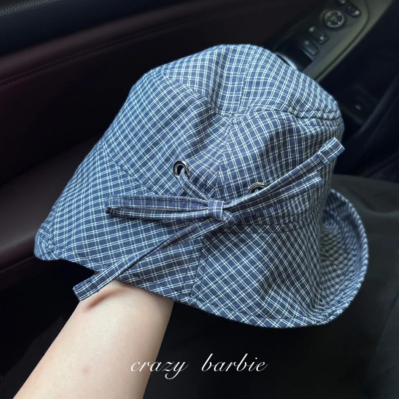 出口日本!miu系百搭时尚格子渔夫帽女新款夏季大檐复古盆帽帽子