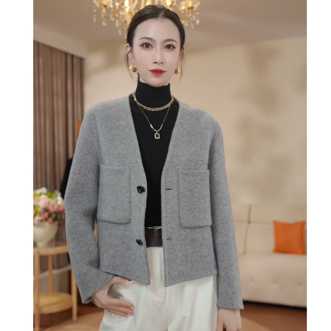 【双喜】2025秋动新款V领小个子气质外套长袖双面大衣短款显瘦女852