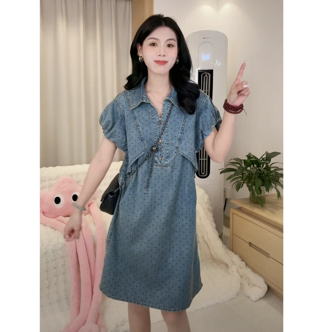 设计感polo领波点提花牛仔裙女夏季新款小个子休闲显瘦甜美连衣裙