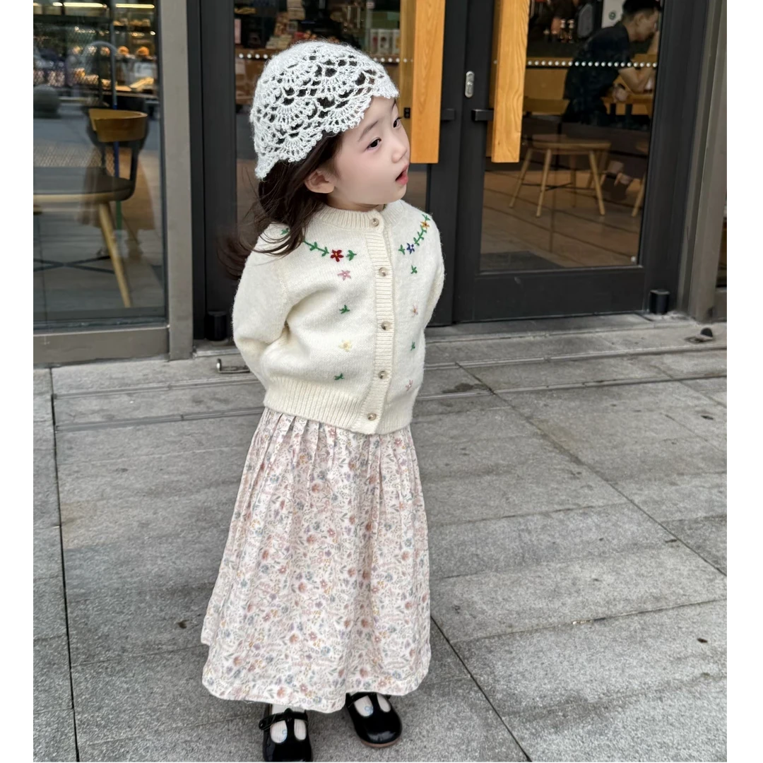 壹妈法式童装女童温柔气质套装秋季新款洋气女宝针织开衫碎花裙子
