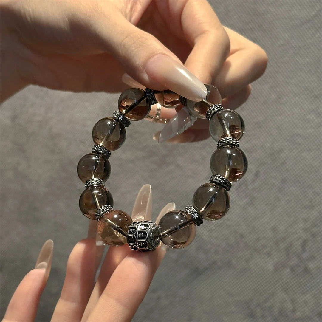 925银手链 S11589茶色圆珠佛像桶珠弹力手串
