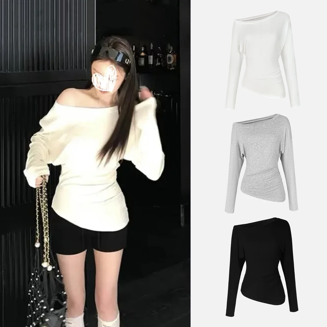 韩系简约时尚不规则褶皱堆叠感斜肩上衣 V领短袖T桖