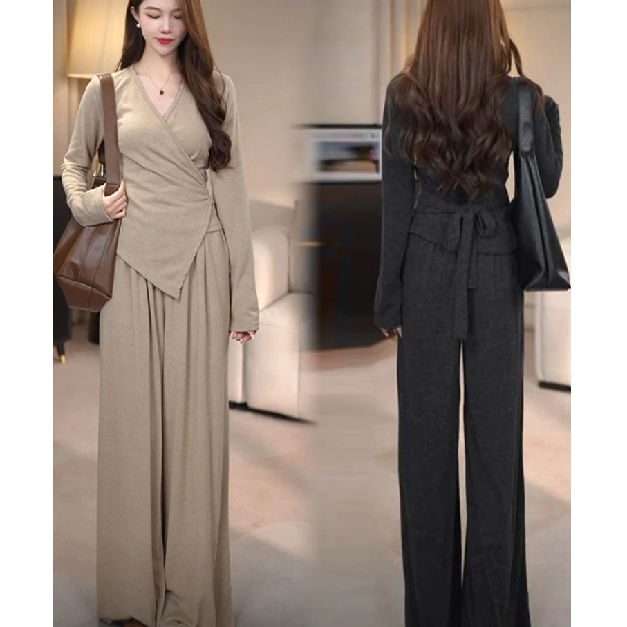 2025秋冬新款气质不规则系带直筒宽松阔腿裤两件套休闲运动套装女