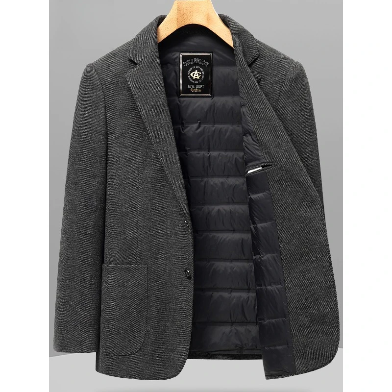 高档商务风羊毛西装外套男2025冬季加厚羽绒内胆保暖休闲西服上衣