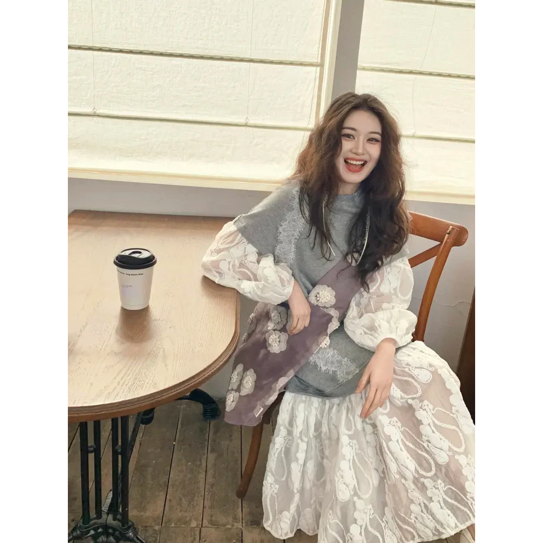 4217法式蕾丝刺绣拼接假两件灰色连衣裙新款宽松休闲长款大摆裙