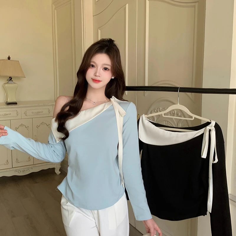 2025春装新款胖mm大码纯欲撞色设计感不对称露肩蝴蝶结上衣21315