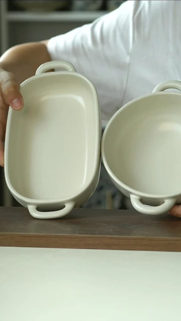 微瑕雾白哑光双耳圆烤碗椭圆拷碗组合@4-2@