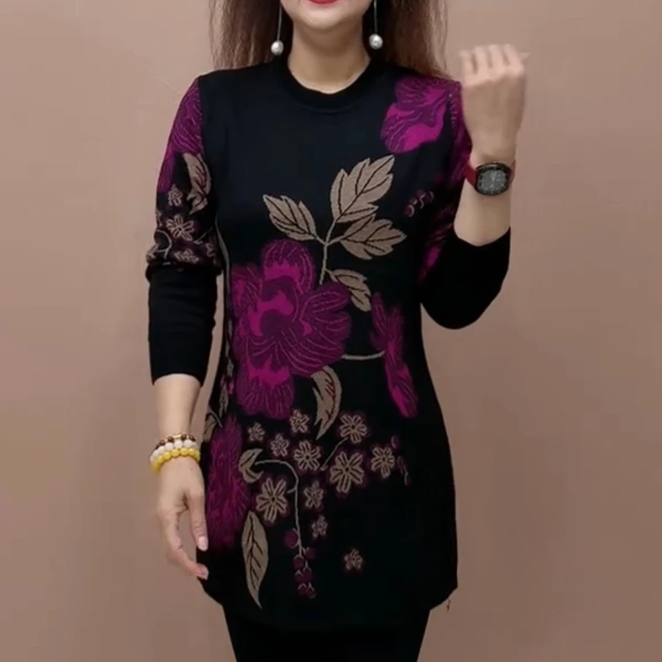 时尚气质减龄新款潮流圆领中长款针织衫大码妈妈女士宽松洋气毛衣