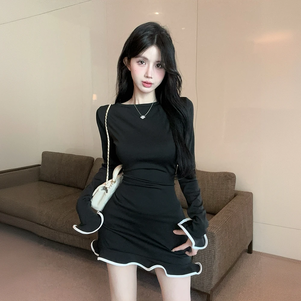 荷叶边长袖黑色连衣裙女秋冬纯欲性感包臀裙巨显身材打底内搭裙子