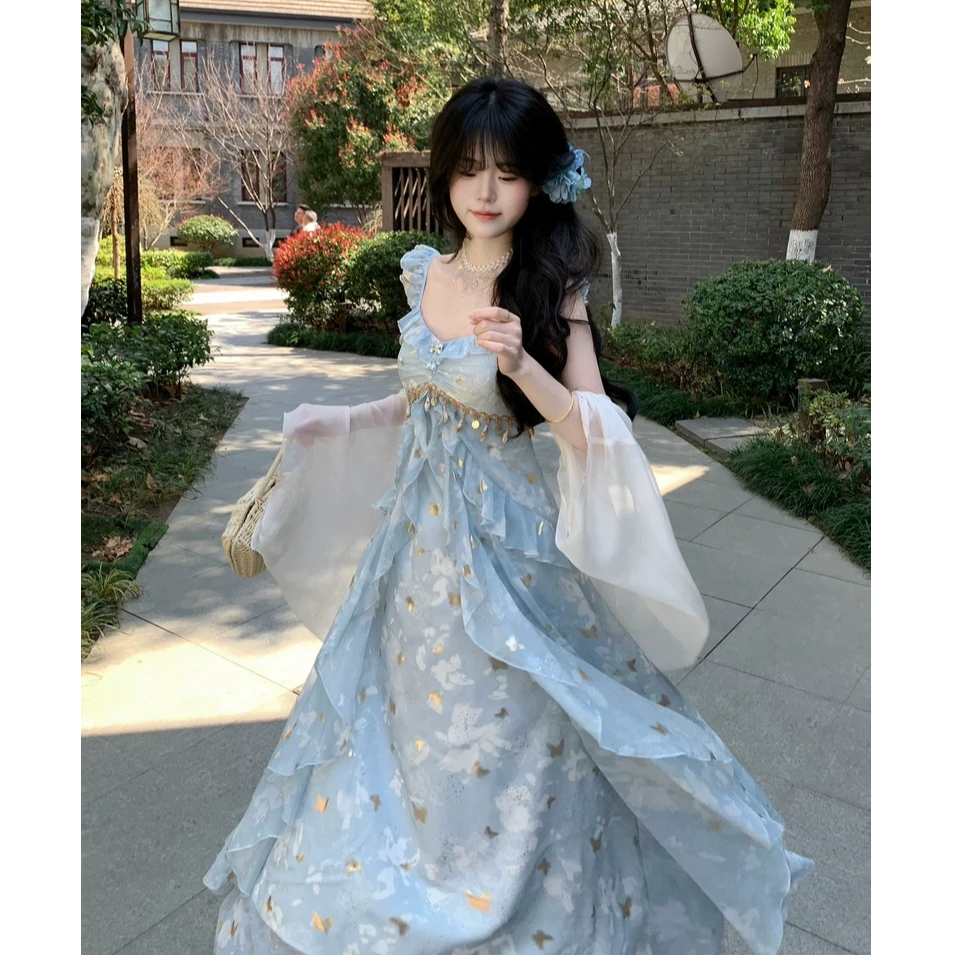 11754大码女装蝶舞优雅少女感蝴蝶亮片吊带裙仙气荷叶边