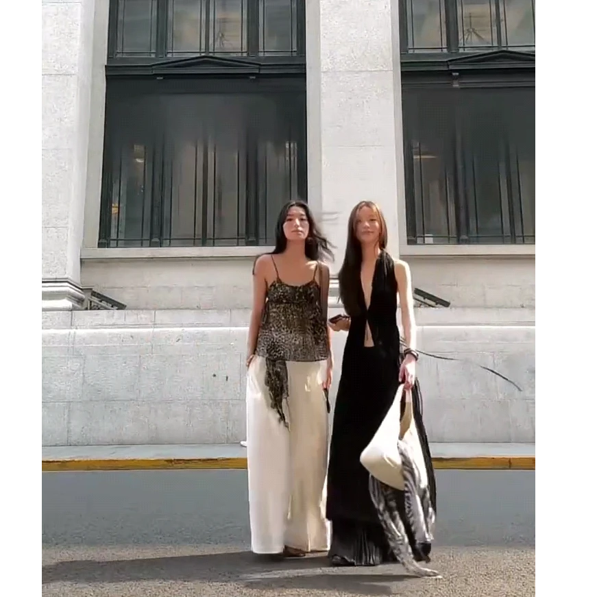 法式时尚设计感修身豹纹上衣性感背心高腰显瘦休闲裤/半身裙套装