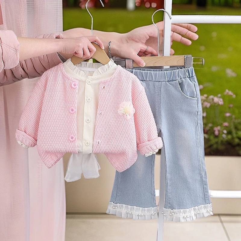 女童春装套装2025新款儿童娃娃领外套洋气女宝宝春秋季长袖三件套