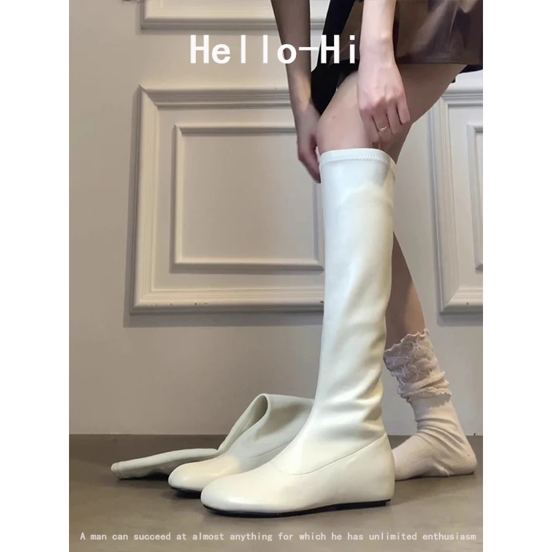 牛皮版~圆头内增高白色长靴不过膝瘦瘦靴女简约弹力靴显瘦堆堆靴
