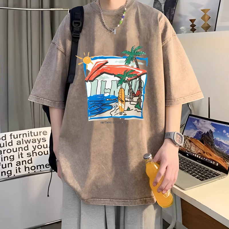 水洗做旧短袖t恤男款夏季ins潮流美式复古重磅纯棉半袖体恤上衣服