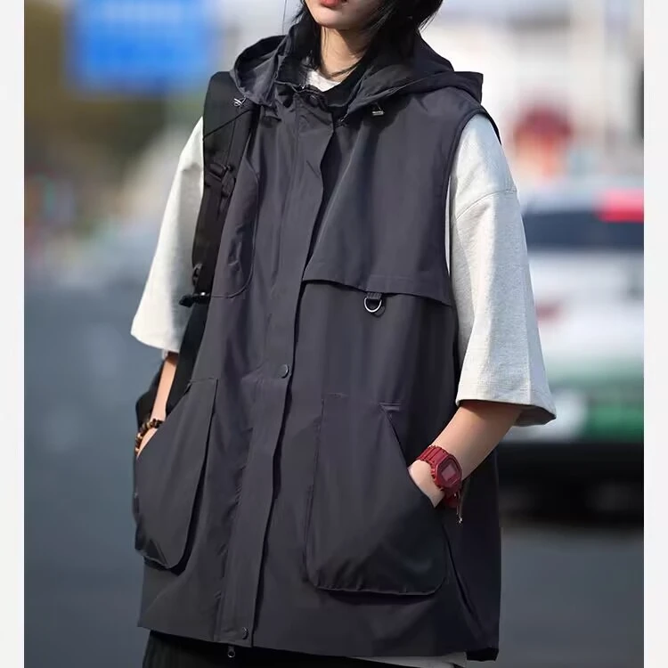 日系复古工装机能马甲男女外穿百搭连帽无袖背心情侣马夹坎肩外套