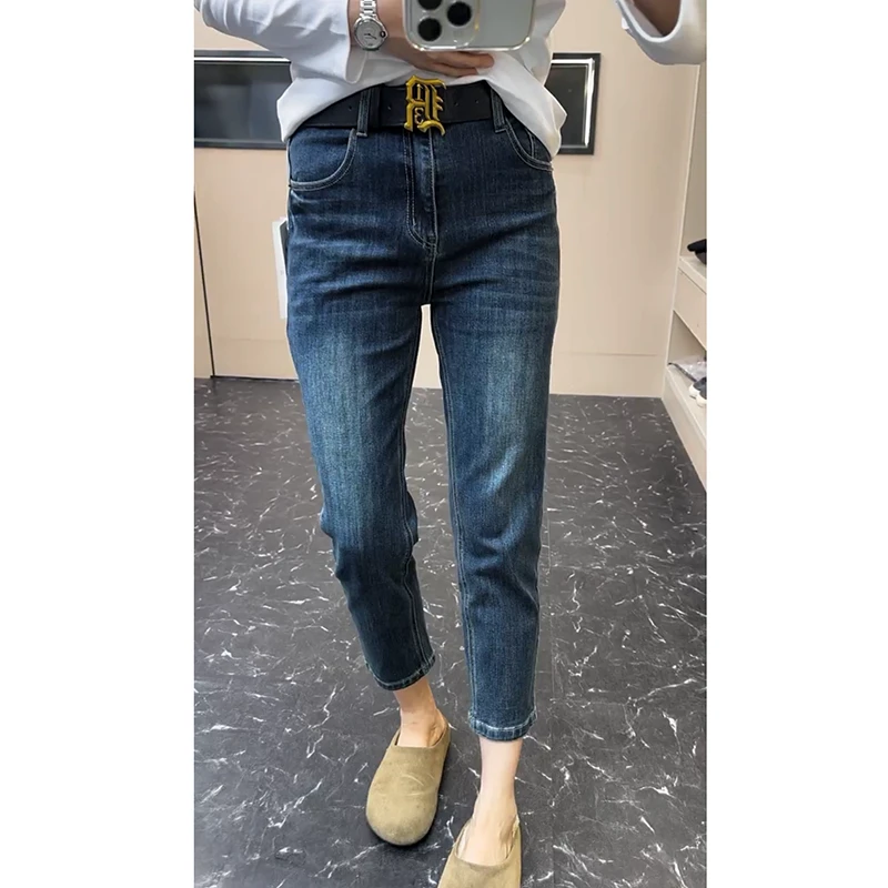 高腰直筒烟管牛仔裤女2025秋季新款大码女装弹力修身九分铅笔裤子