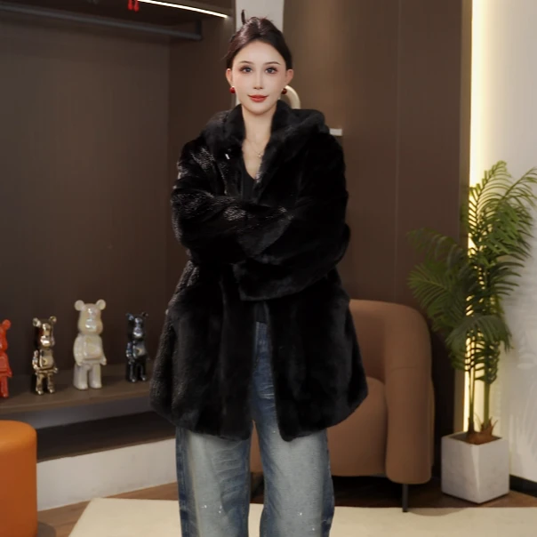 20258水貂中长款新潮风S连帽休闲风天然皮草长袖时尚